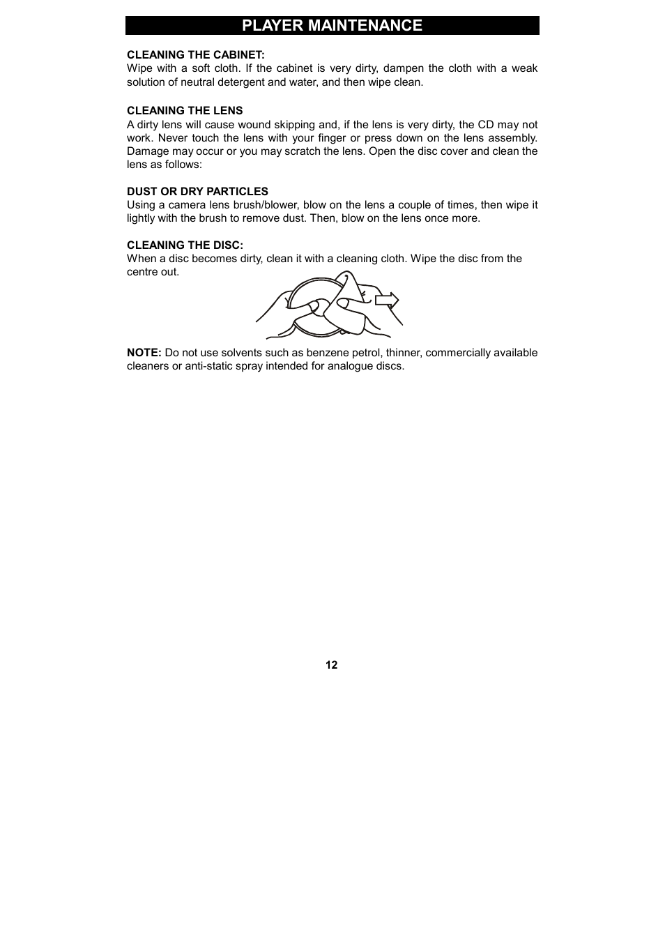 Player maintenance | Spectra KT2038 User Manual | Page 12 / 14