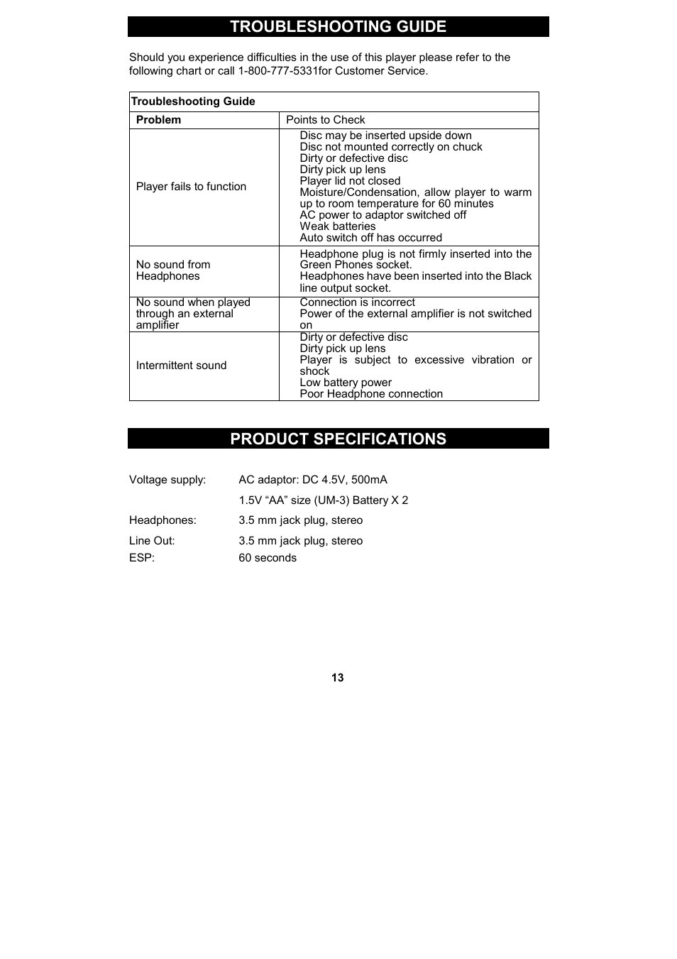 Troubleshooting guide, Product specifications | Spectra KT2038 User Manual | Page 13 / 14