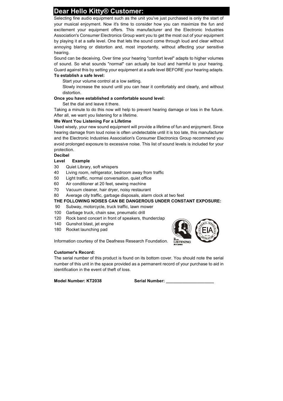 Dear hello kitty® customer | Spectra KT2038 User Manual | Page 2 / 14