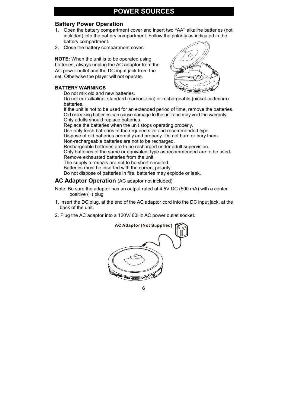 Power sources, Battery power operation, Ac adaptor operation | Spectra KT2038 User Manual | Page 6 / 14