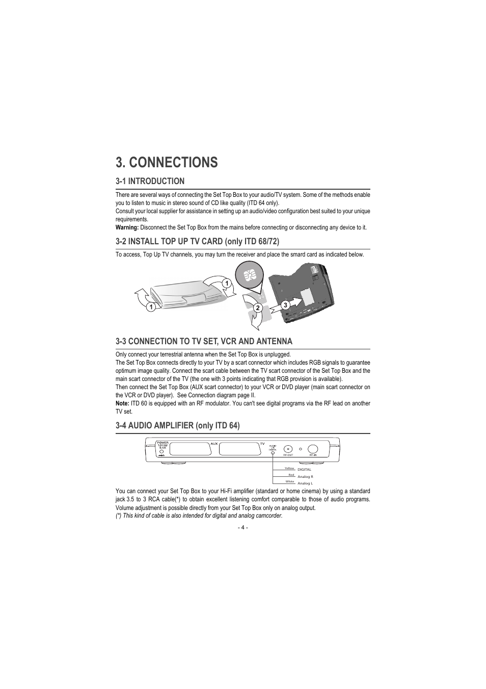 Connections, 1 introduction, 2 install top up tv card (only itd 68/72) | 3 connection to tv set, vcr and antenna, 4 audio amplifier (only itd 64) | Sagem ITD 60 User Manual | Page 10 / 32