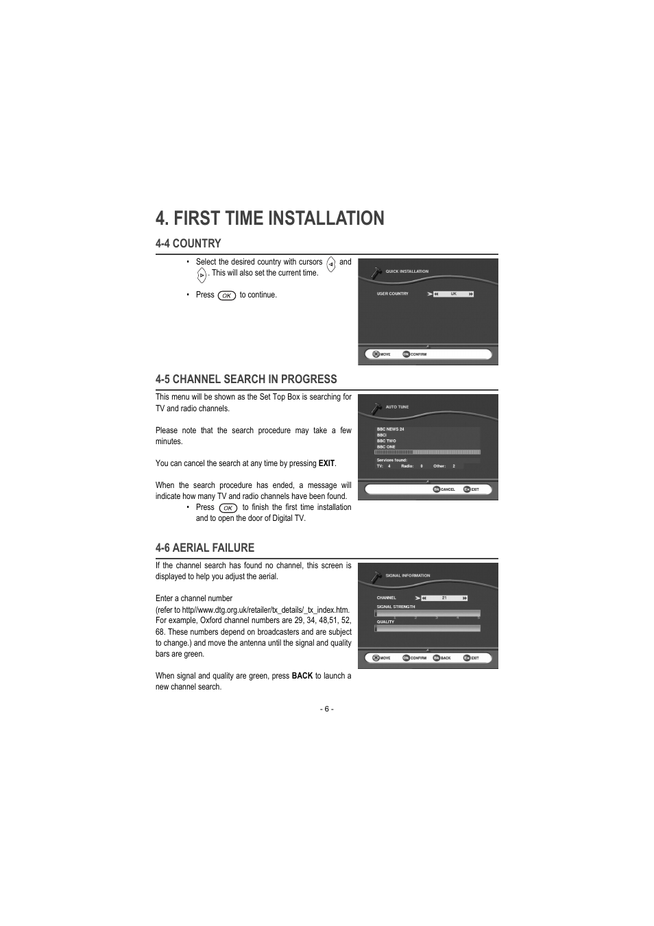 4 country, 5 channel search in progress, 6 aerial failure | First time installation | Sagem ITD 60 User Manual | Page 12 / 32