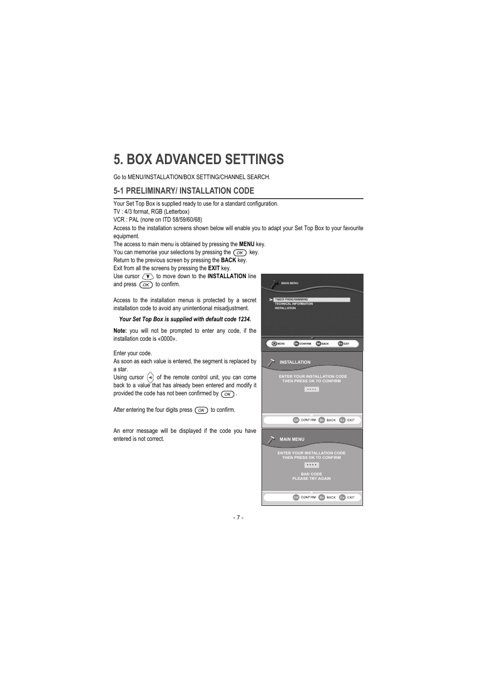 Box advanced settings, 1 preliminary/ installation code | Sagem ITD 60 User Manual | Page 13 / 32