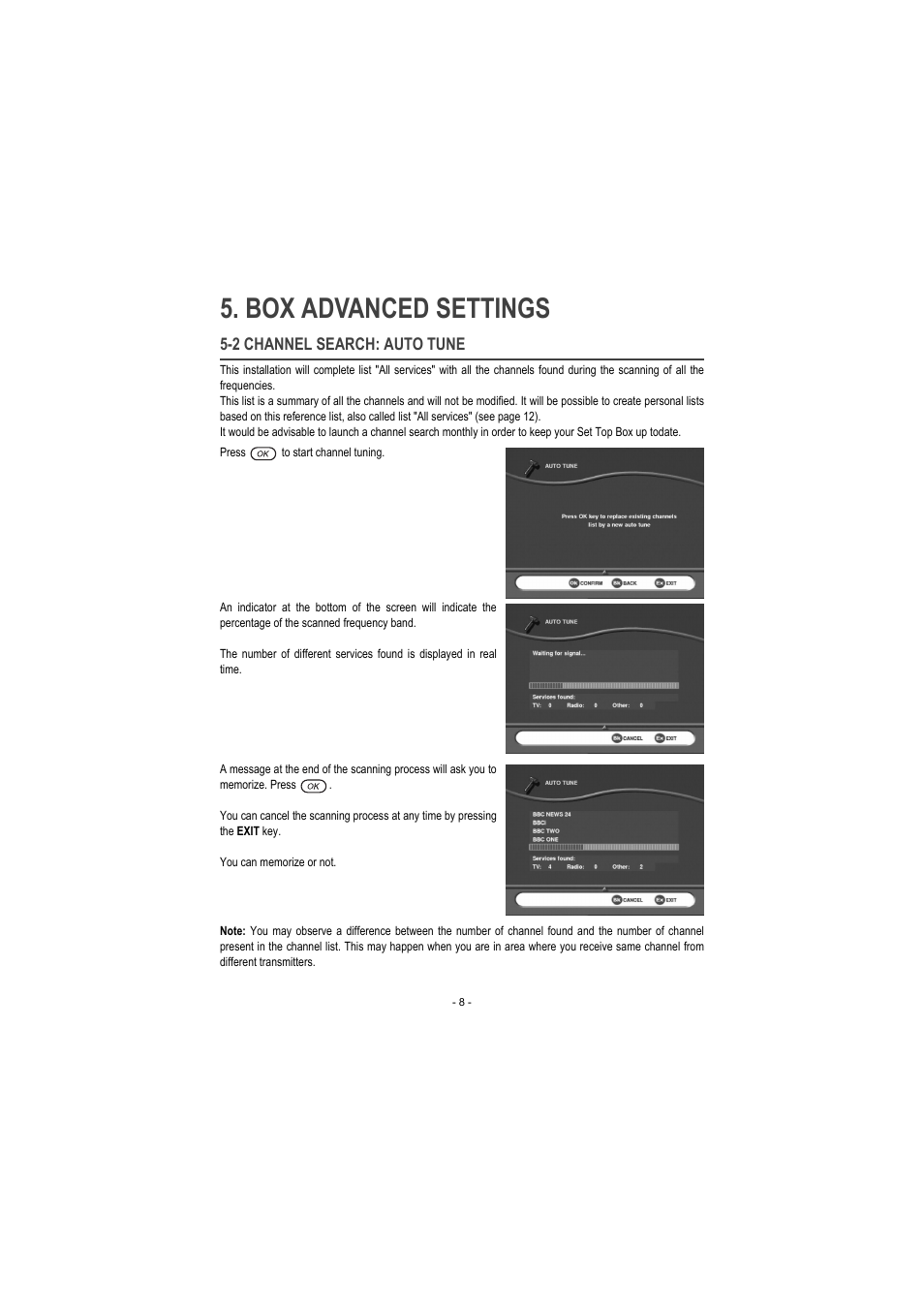 2 channel search: auto tune, Box advanced settings | Sagem ITD 60 User Manual | Page 14 / 32