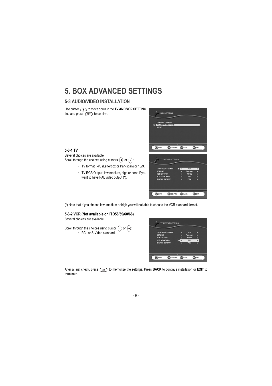 3 audio/video installation, 3-1 tv, 3-2 vcr (not available on itd58/59/60/68) | Box advanced settings | Sagem ITD 60 User Manual | Page 15 / 32