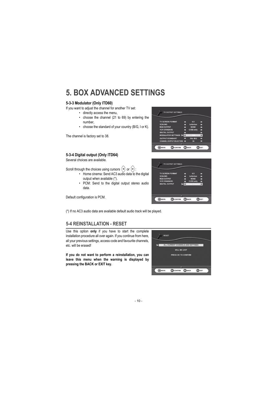 3-3 modulator (only itd60), 3-4 digital output (only itd64), 4 reinstallation - reset | Box advanced settings | Sagem ITD 60 User Manual | Page 16 / 32