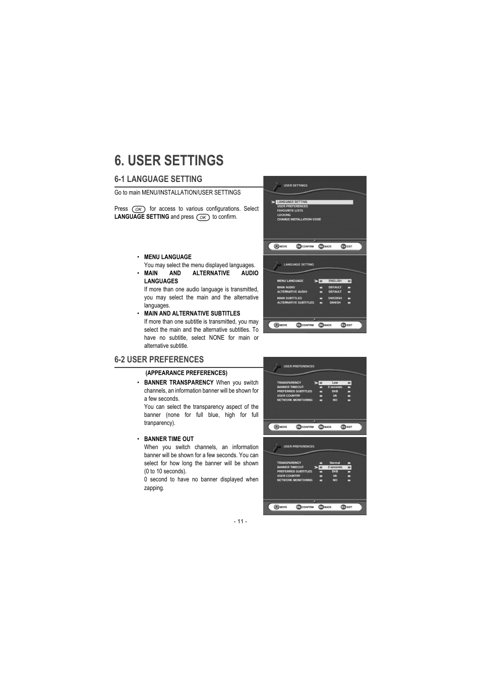 User settings, 1 language setting, 2 user preferences | Sagem ITD 60 User Manual | Page 17 / 32