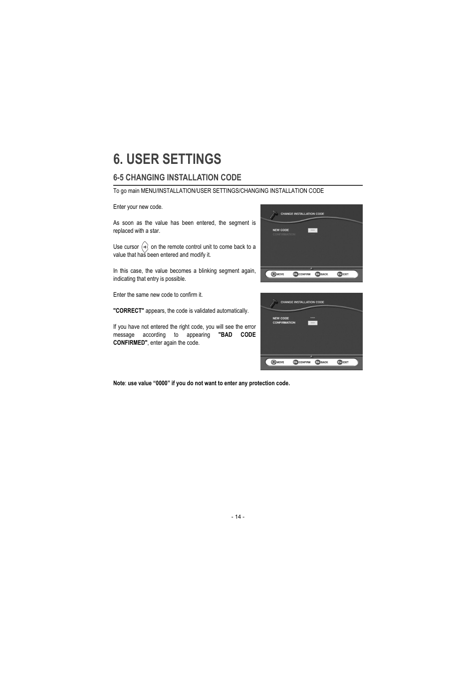 5 changing installation code, User settings | Sagem ITD 60 User Manual | Page 20 / 32