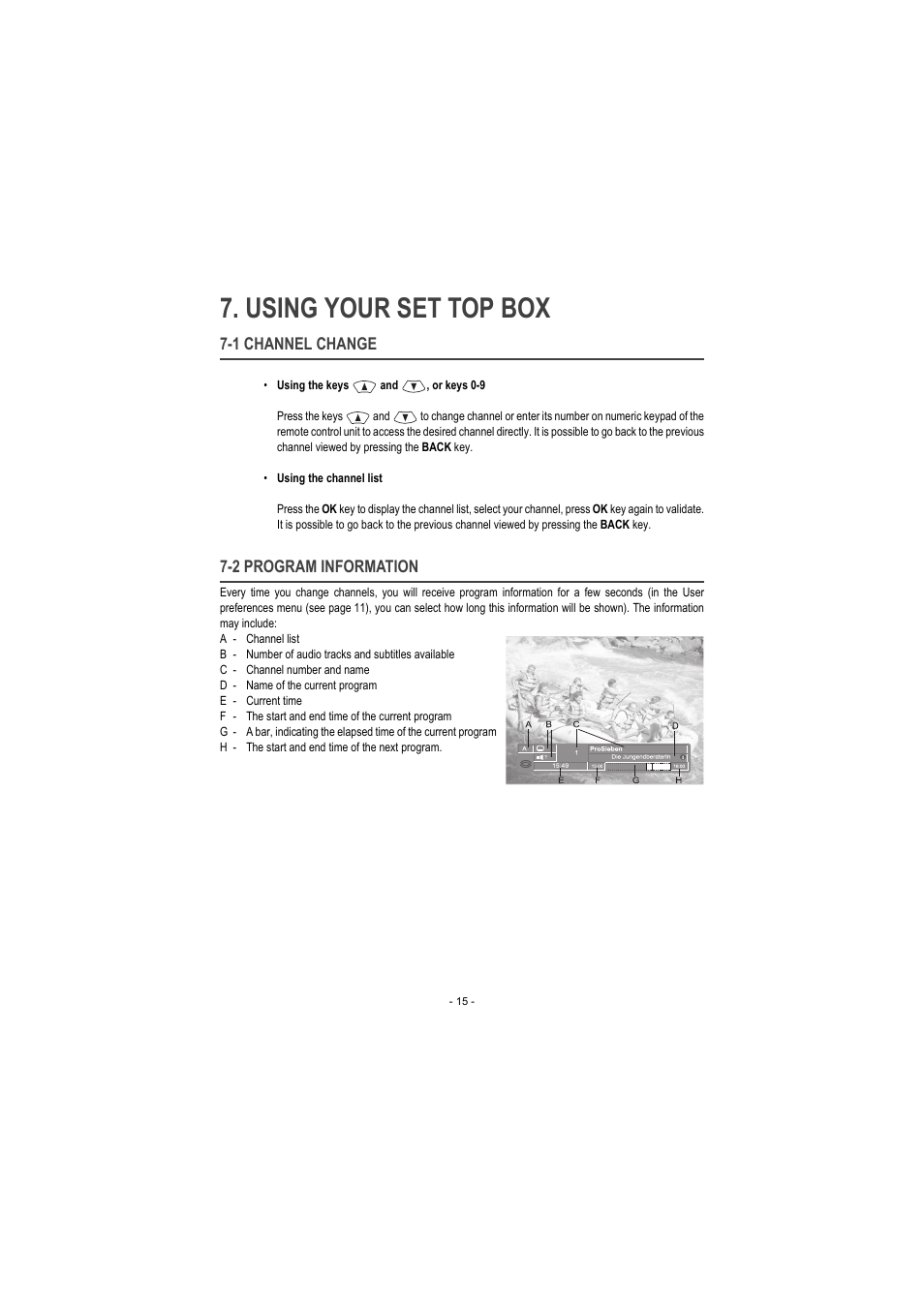 Using your set top box, 1 channel change, 2 program information | Sagem ITD 60 User Manual | Page 21 / 32