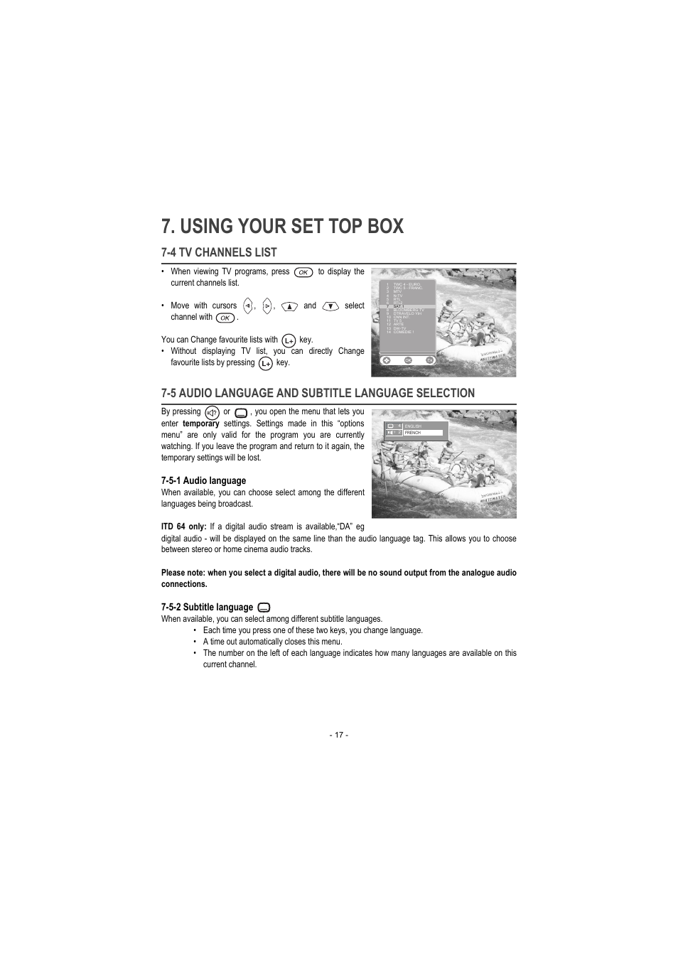 4 tv channels list, 5 audio language and subtitle language selection, 5-1 audio language | 5-2 subtitle language, Using your set top box | Sagem ITD 60 User Manual | Page 23 / 32