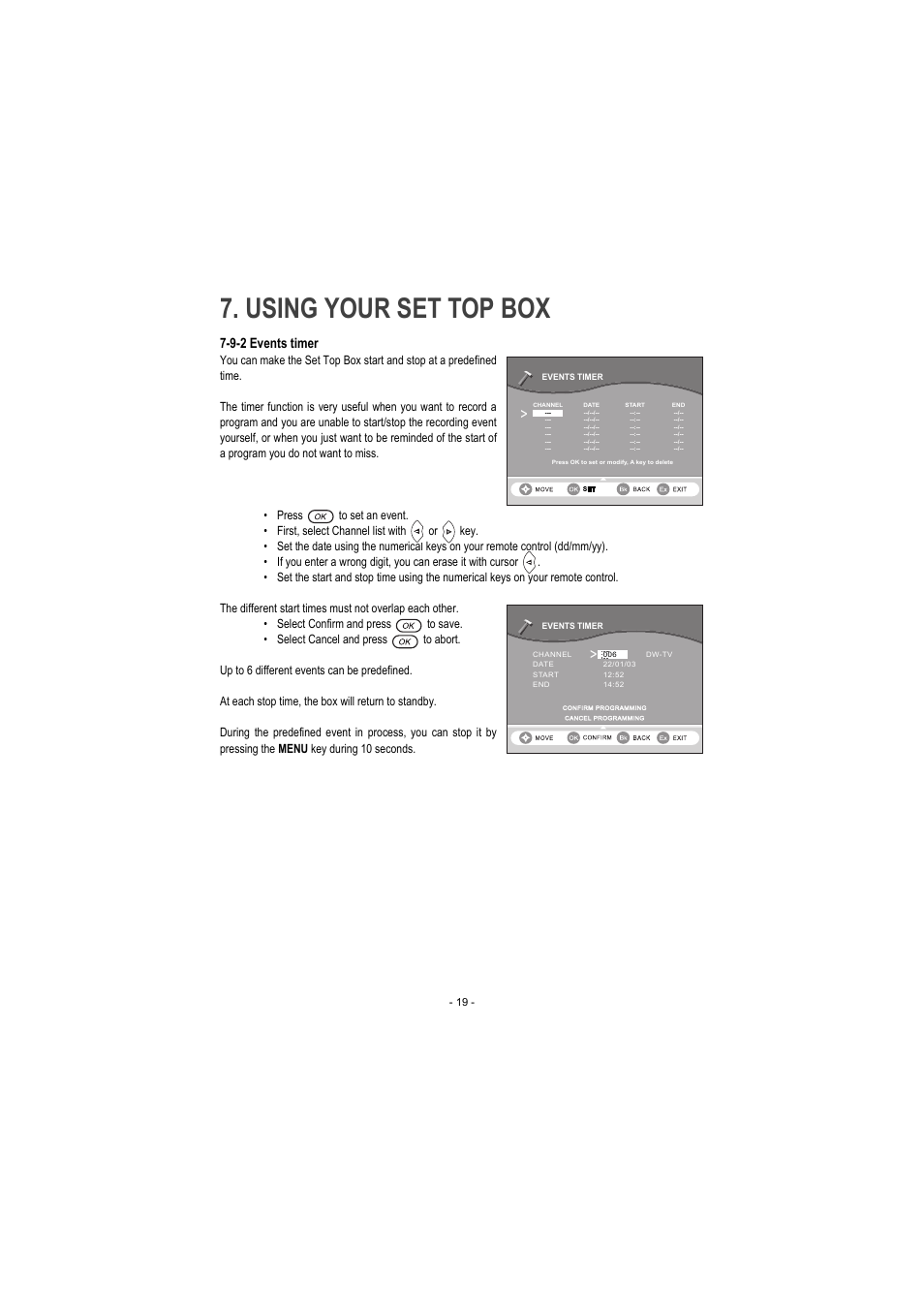 9-2 events timer, Up to 6 different events can be predefined, At each stop time, the box will return to standby | Using your set top box | Sagem ITD 60 User Manual | Page 25 / 32