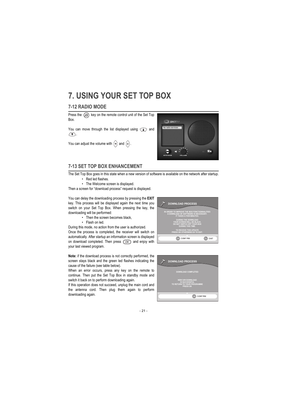 12 radio mode, You can move through the list displayed using and, You can adjust the volume with and | 13 set top box enhancement, Using your set top box | Sagem ITD 60 User Manual | Page 27 / 32