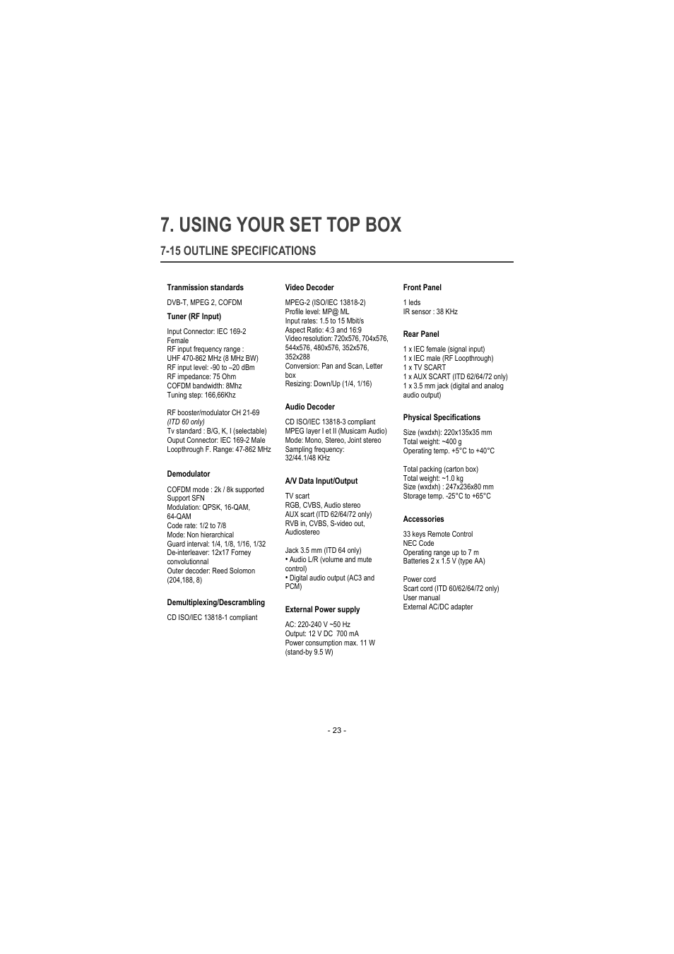 15 outline specifications, Using your set top box | Sagem ITD 60 User Manual | Page 29 / 32