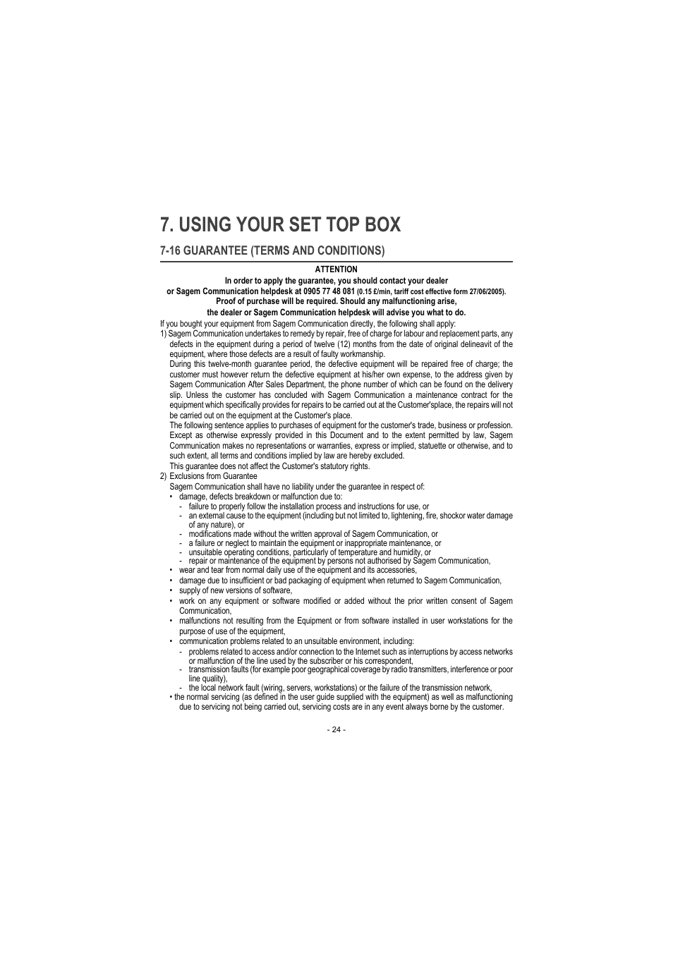 16 guarantee (terms and conditions), Attention, Using your set top box | Sagem ITD 60 User Manual | Page 30 / 32