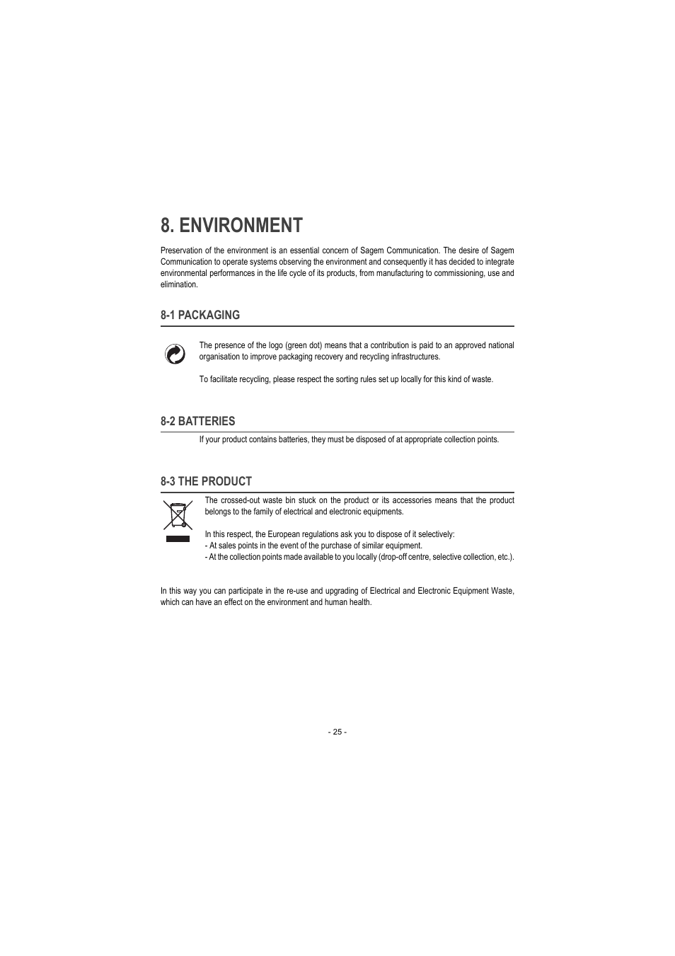 Environment, 1 packaging, 2 batteries | 3 the product | Sagem ITD 60 User Manual | Page 31 / 32