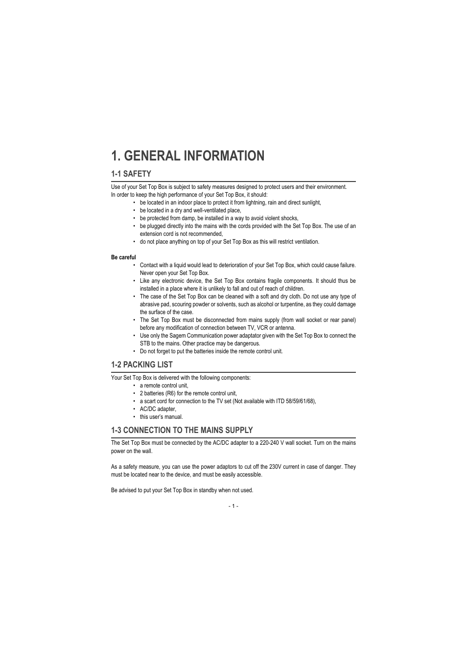 General information, 1 safety, 2 packing list | 3 connection to the mains supply | Sagem ITD 60 User Manual | Page 7 / 32