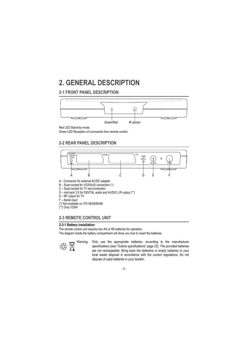 General description, 1 front panel description, 2 rear panel description | 3 remote control unit, 3-1 battery installation | Sagem ITD 60 User Manual | Page 8 / 32