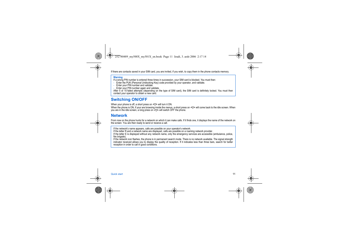 Switching on/off, Network | Sagem my500x User Manual | Page 11 / 66