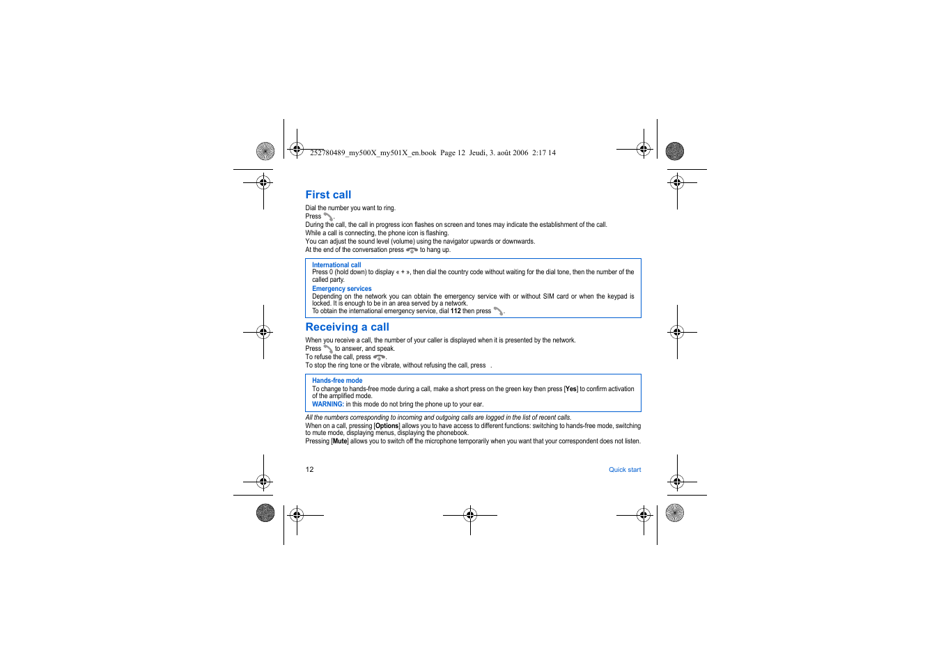 First call, Receiving a call | Sagem my500x User Manual | Page 12 / 66