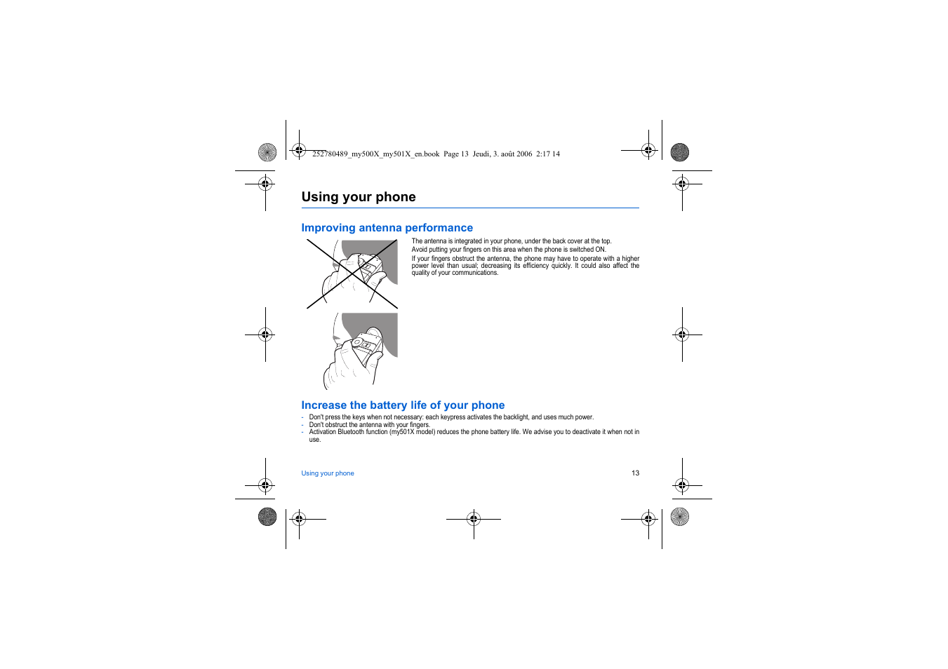 Using your phone, Improving antenna performance, Increase the battery life of your phone | Sagem my500x User Manual | Page 13 / 66