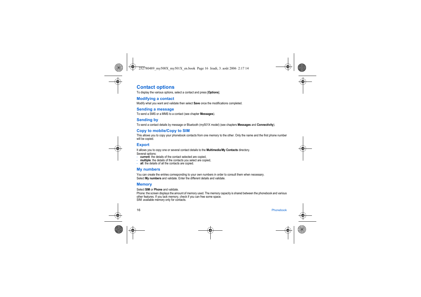 Contact options | Sagem my500x User Manual | Page 16 / 66