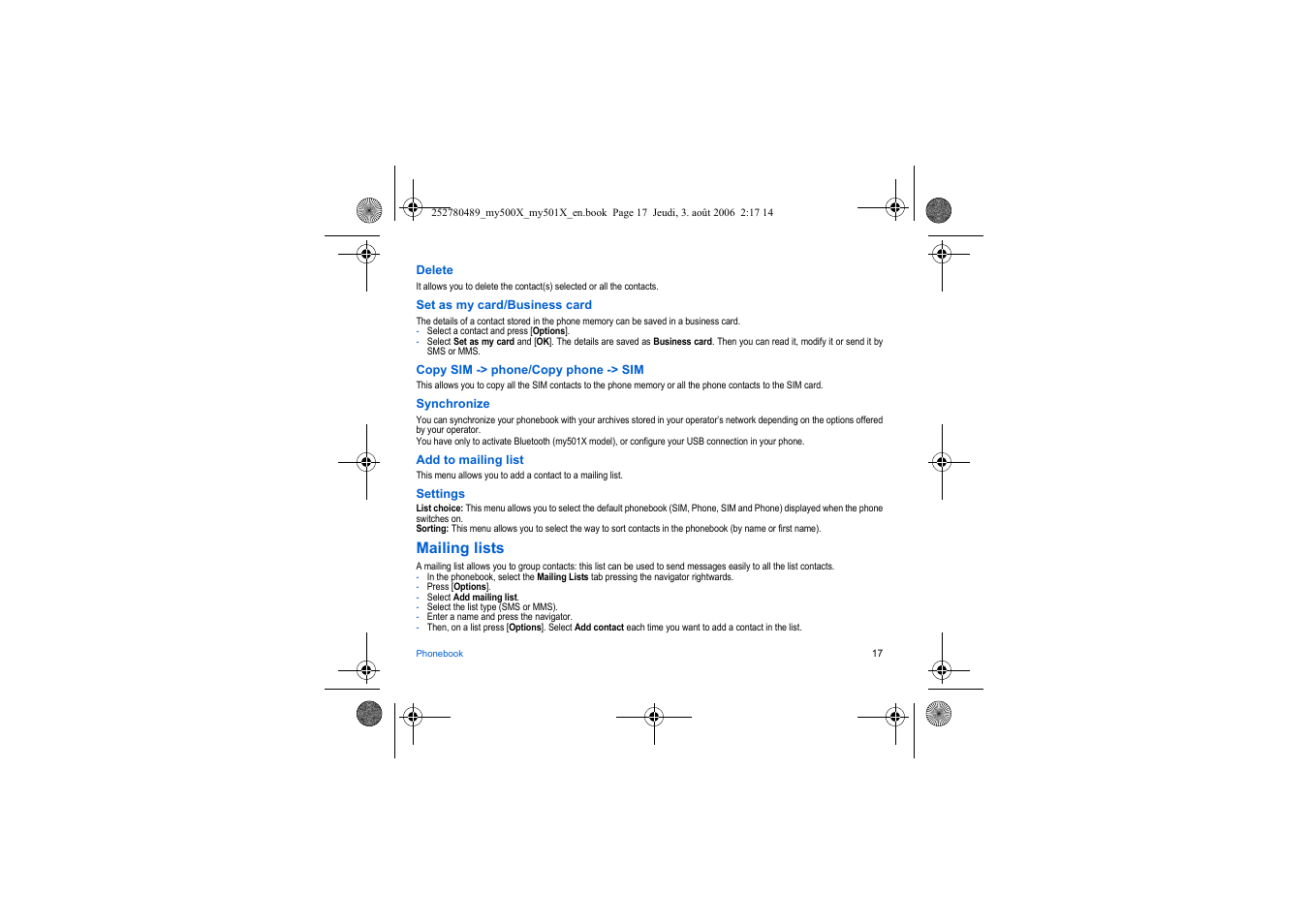 Mailing lists | Sagem my500x User Manual | Page 17 / 66