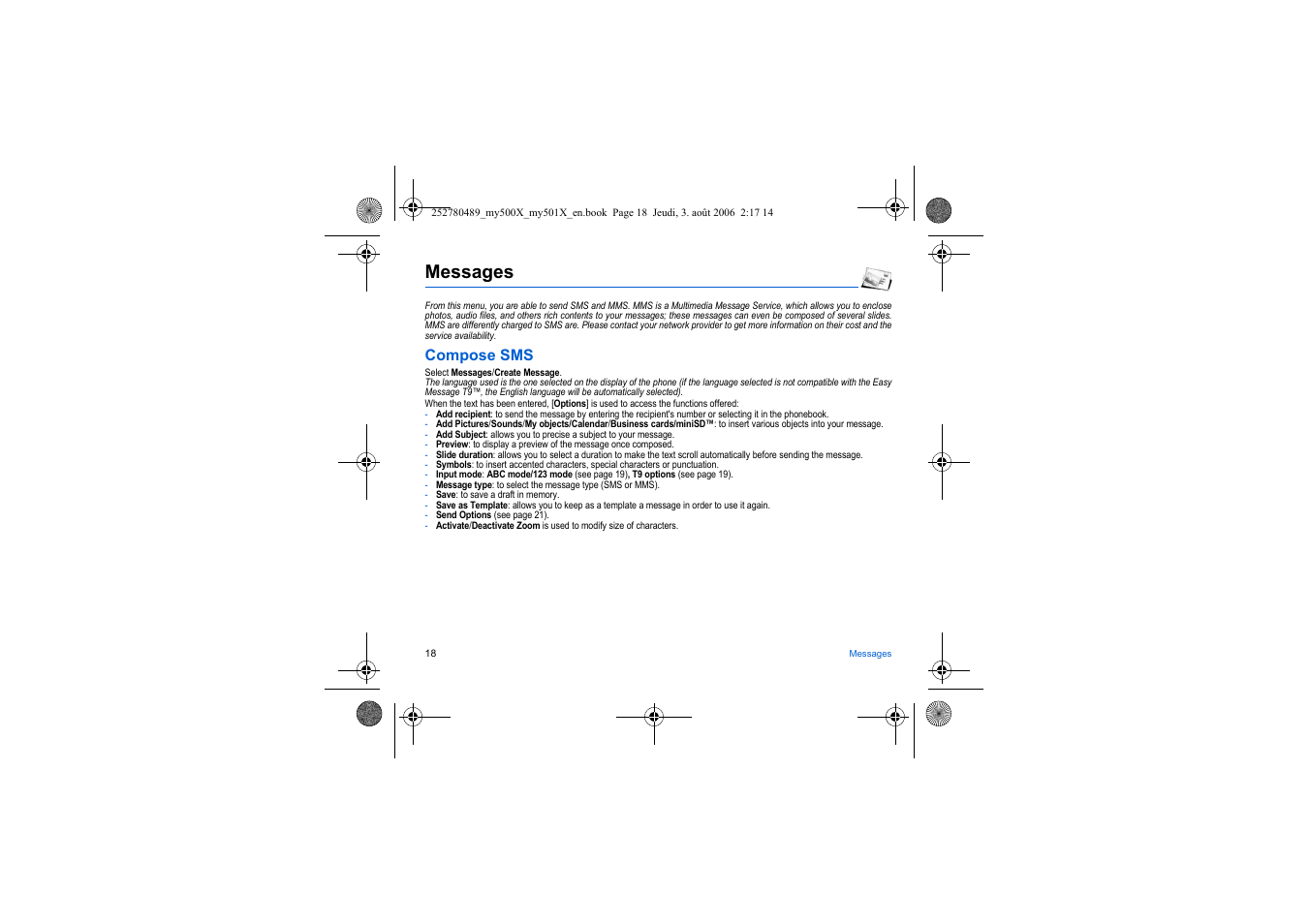 Messages, Compose sms | Sagem my500x User Manual | Page 18 / 66