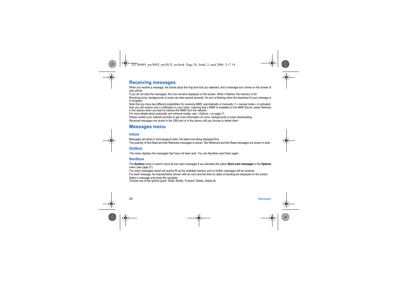 Receiving messages, Messages menu | Sagem my500x User Manual | Page 20 / 66