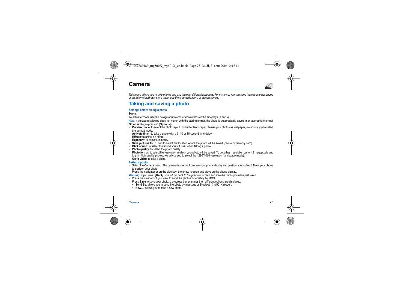 Camera, Taking and saving a photo | Sagem my500x User Manual | Page 23 / 66