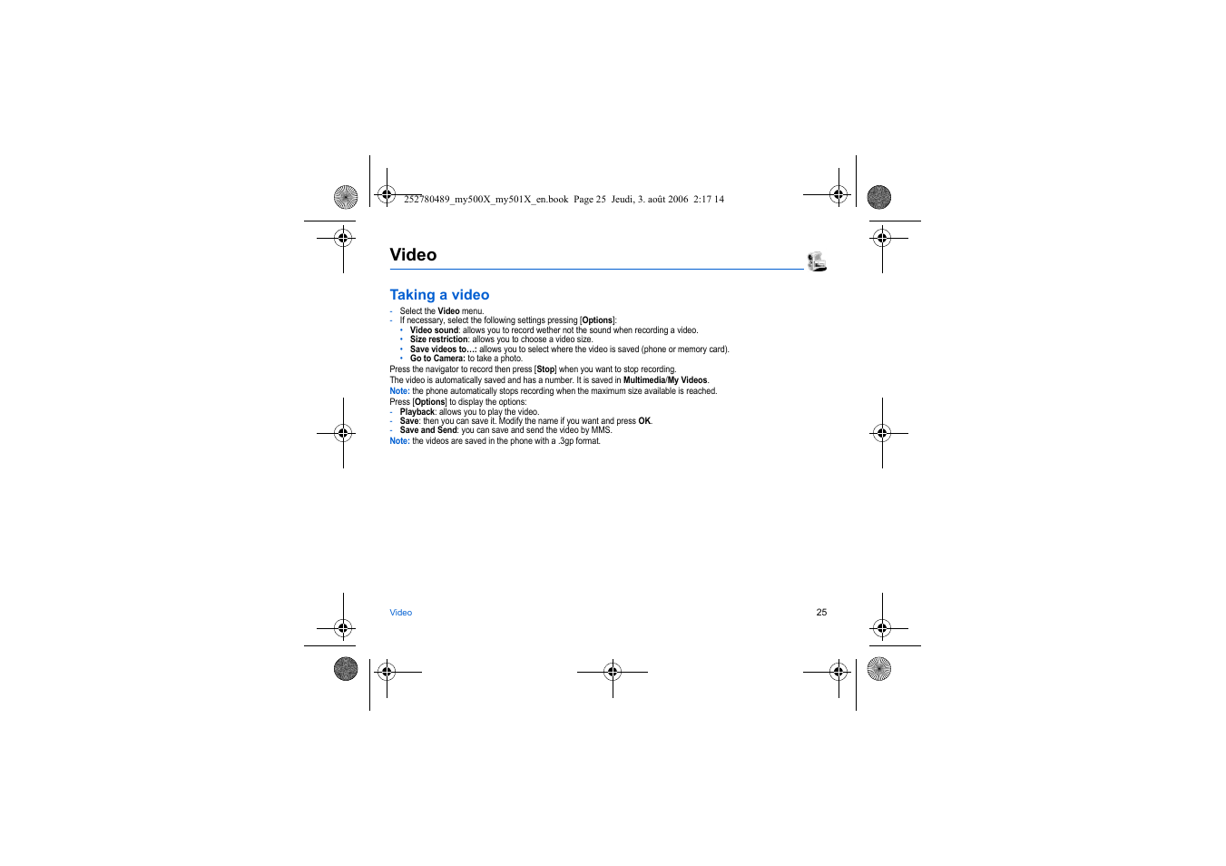 Video, Taking a video | Sagem my500x User Manual | Page 25 / 66