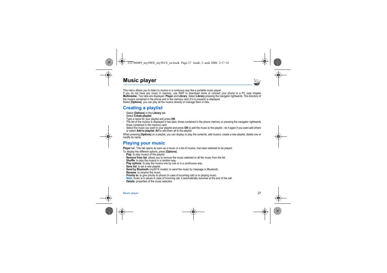 Music player, Creating a playlist, Playing your music | Sagem my500x User Manual | Page 27 / 66