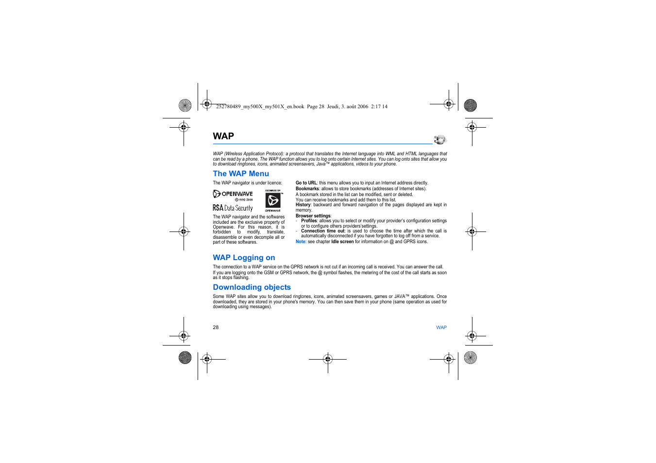 The wap menu, Wap logging on, Downloading objects | Sagem my500x User Manual | Page 28 / 66