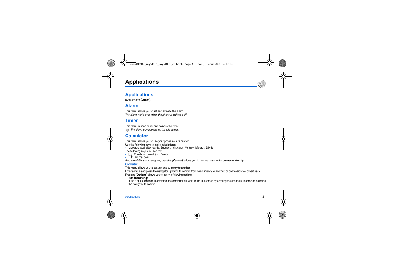 Applications, Alarm, Timer | Calculator | Sagem my500x User Manual | Page 31 / 66