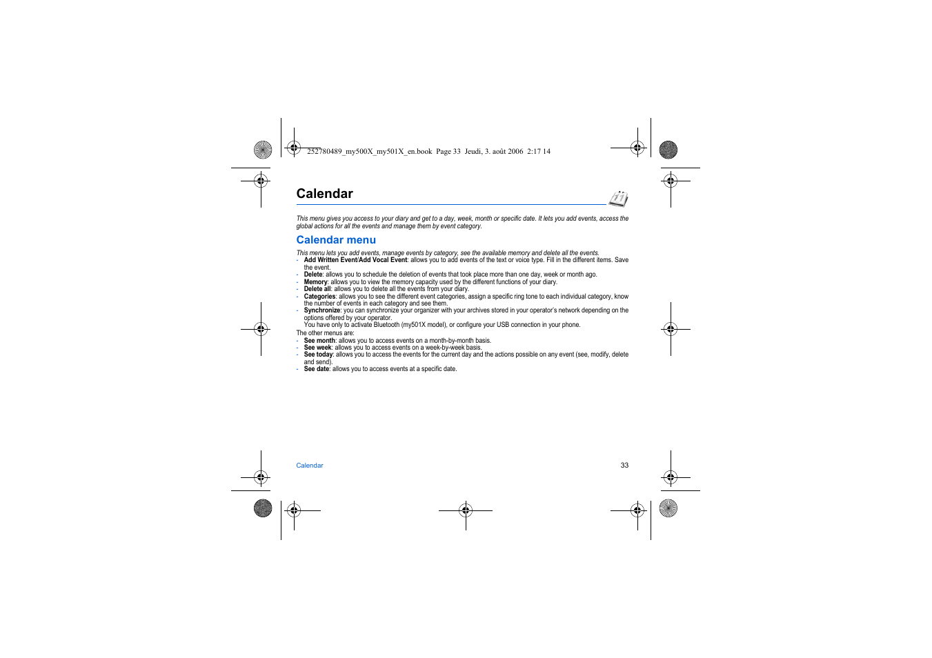 Calendar, Calendar menu | Sagem my500x User Manual | Page 33 / 66