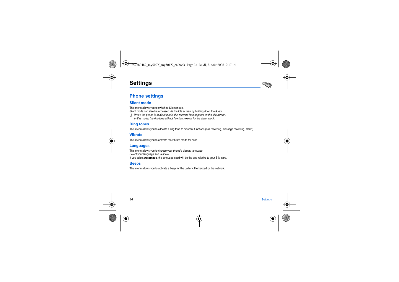 Settings, Phone settings | Sagem my500x User Manual | Page 34 / 66