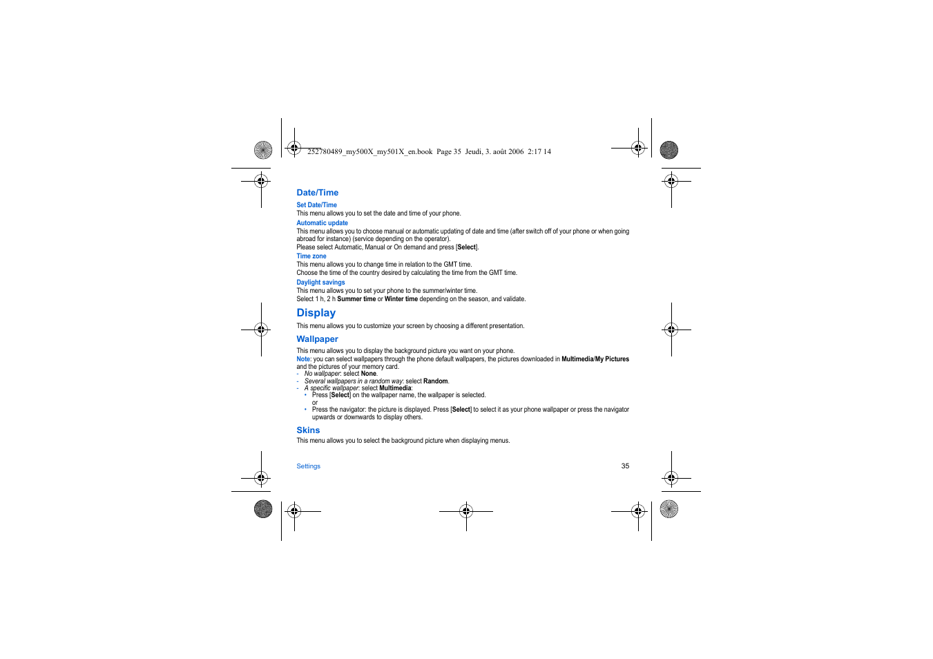 Display | Sagem my500x User Manual | Page 35 / 66