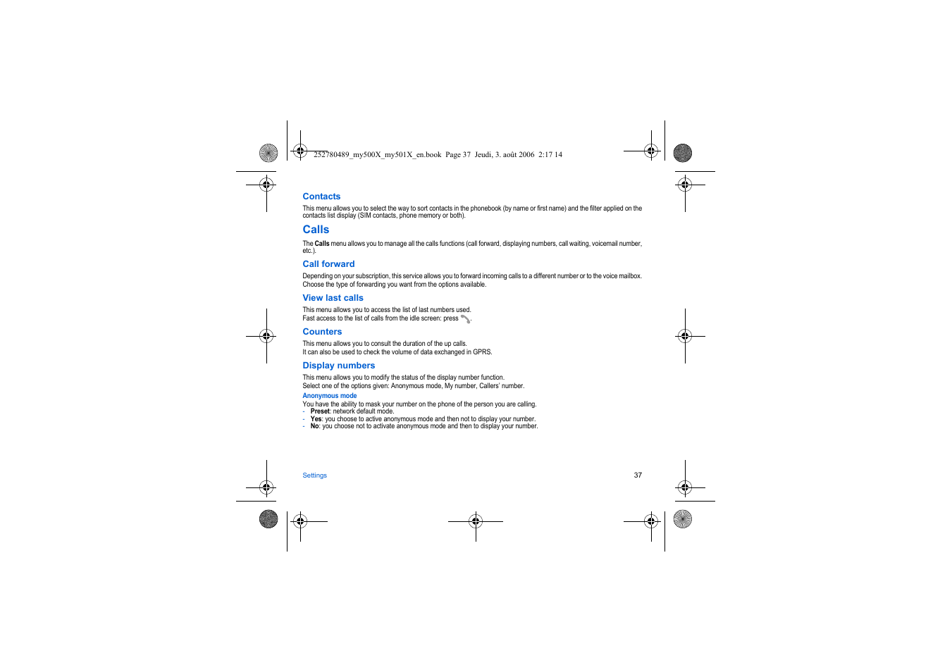 Calls | Sagem my500x User Manual | Page 37 / 66