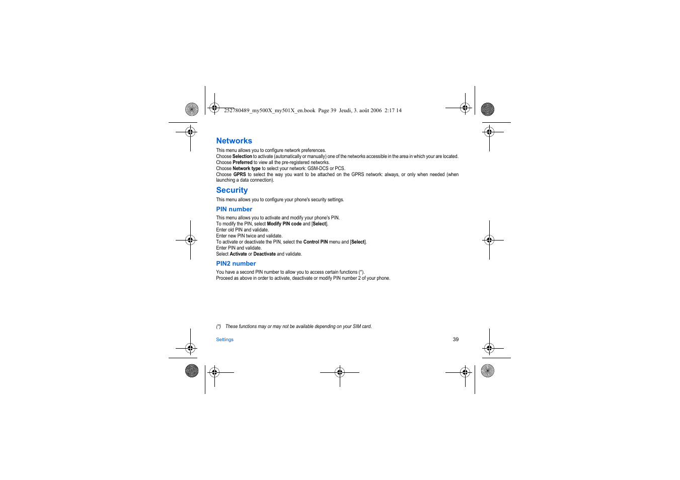 Networks, Security, Ee pin2 number a | In security | Sagem my500x User Manual | Page 39 / 66