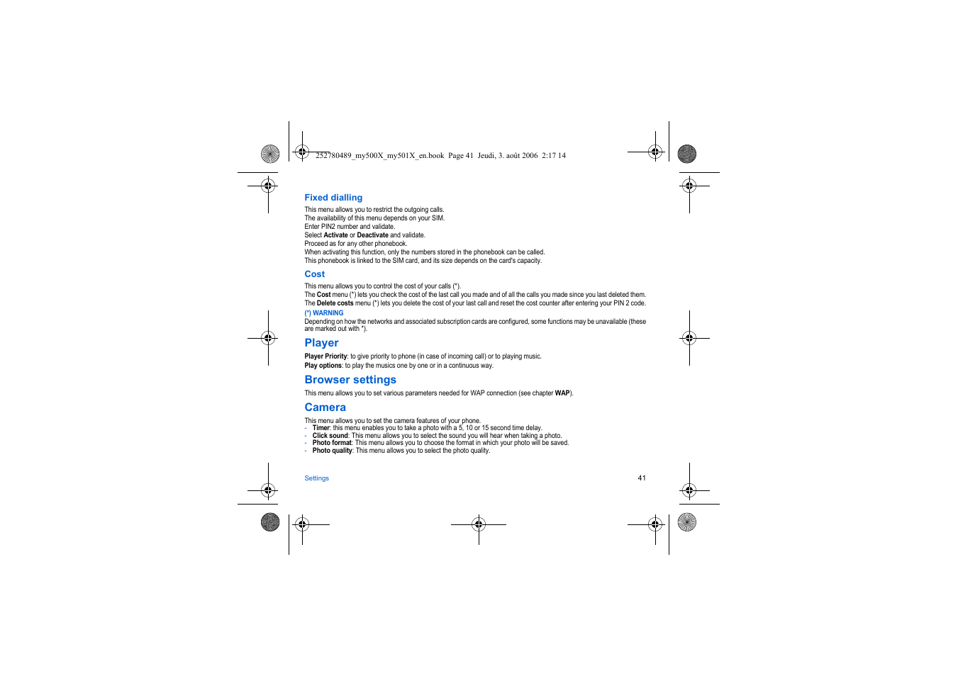 Player, Browser settings, Camera | Nd fixed dialling | Sagem my500x User Manual | Page 41 / 66