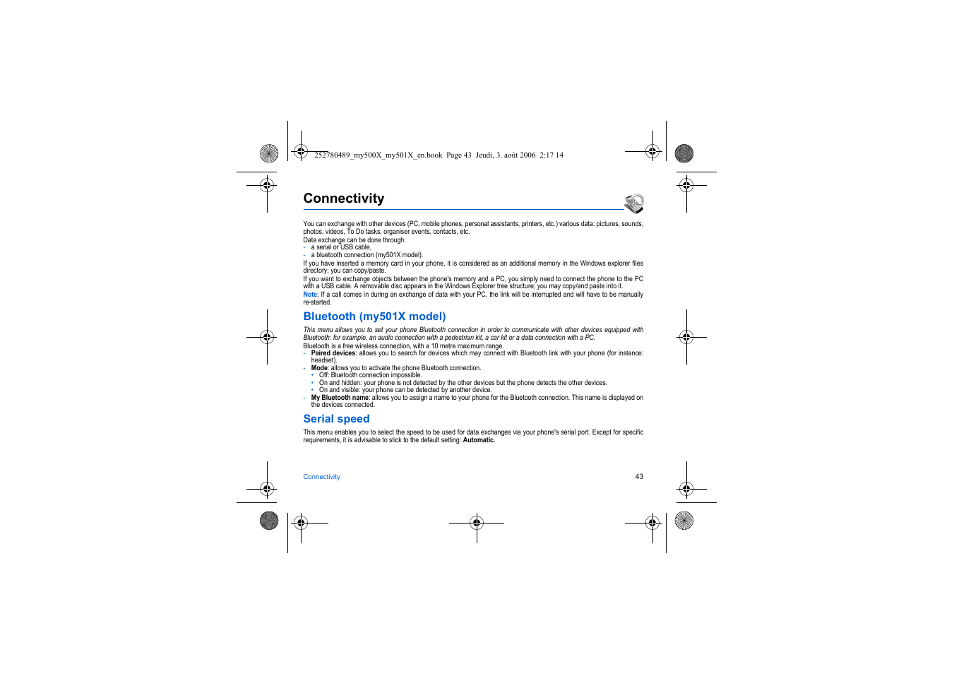 Connectivity, Bluetooth (my501x model), Serial speed | Sagem my500x User Manual | Page 43 / 66