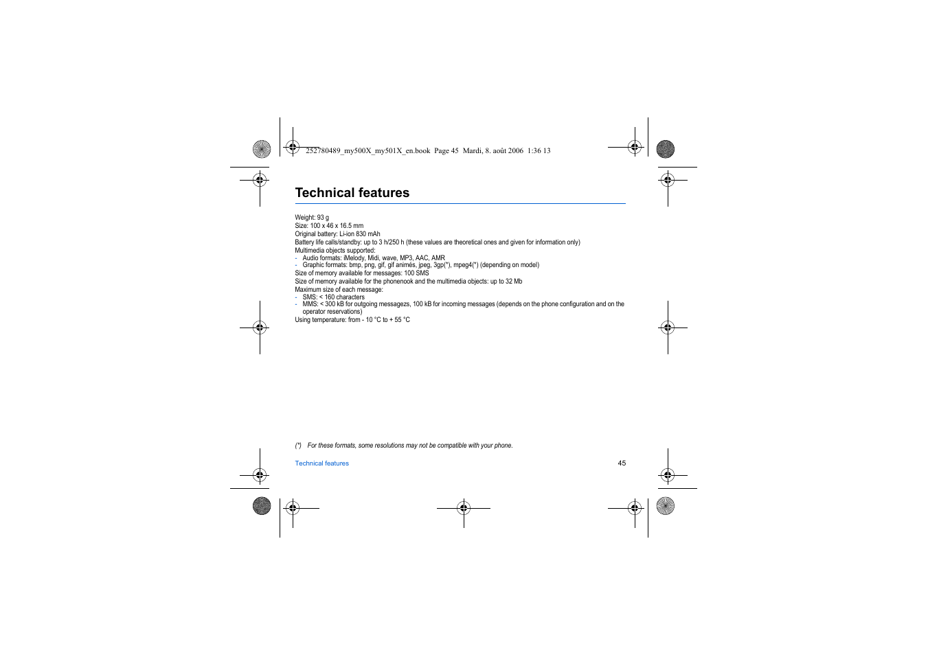 Technical features | Sagem my500x User Manual | Page 45 / 66