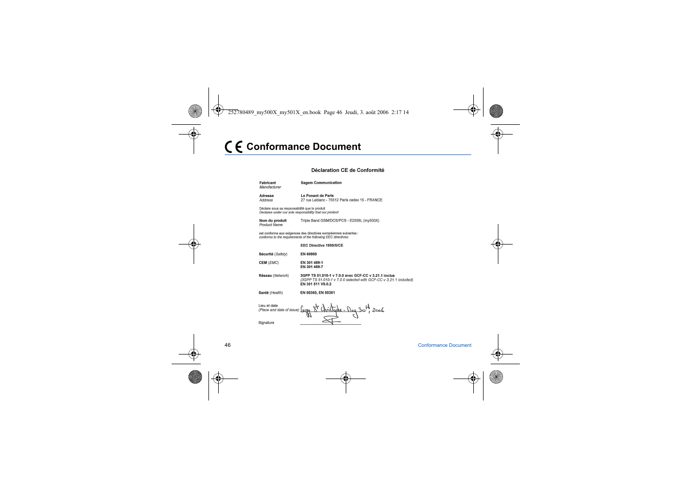 Conformance document | Sagem my500x User Manual | Page 46 / 66