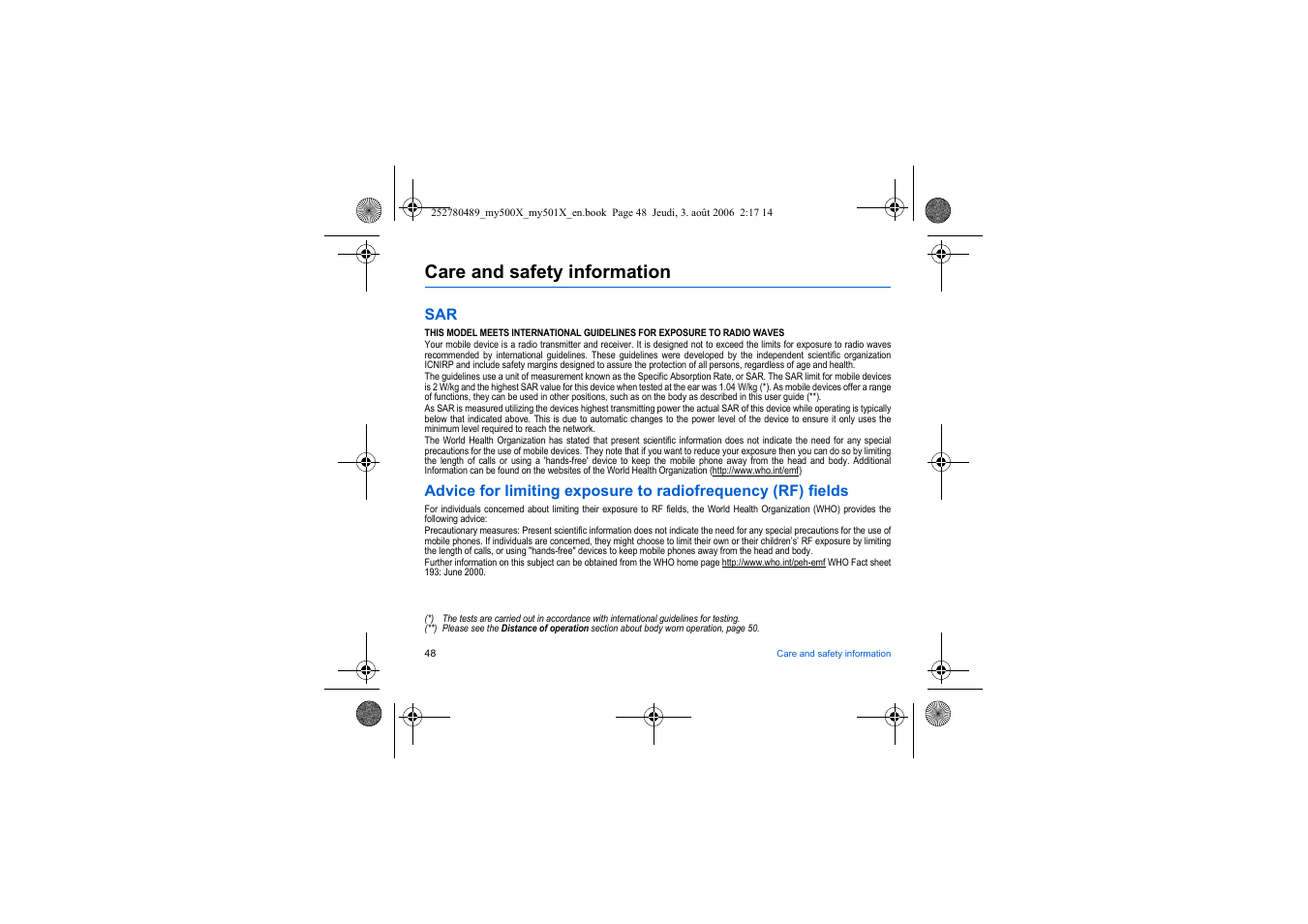 Care and safety information, Advice for limiting exposure to radiofrequency, Rf) fields | Sagem my500x User Manual | Page 48 / 66