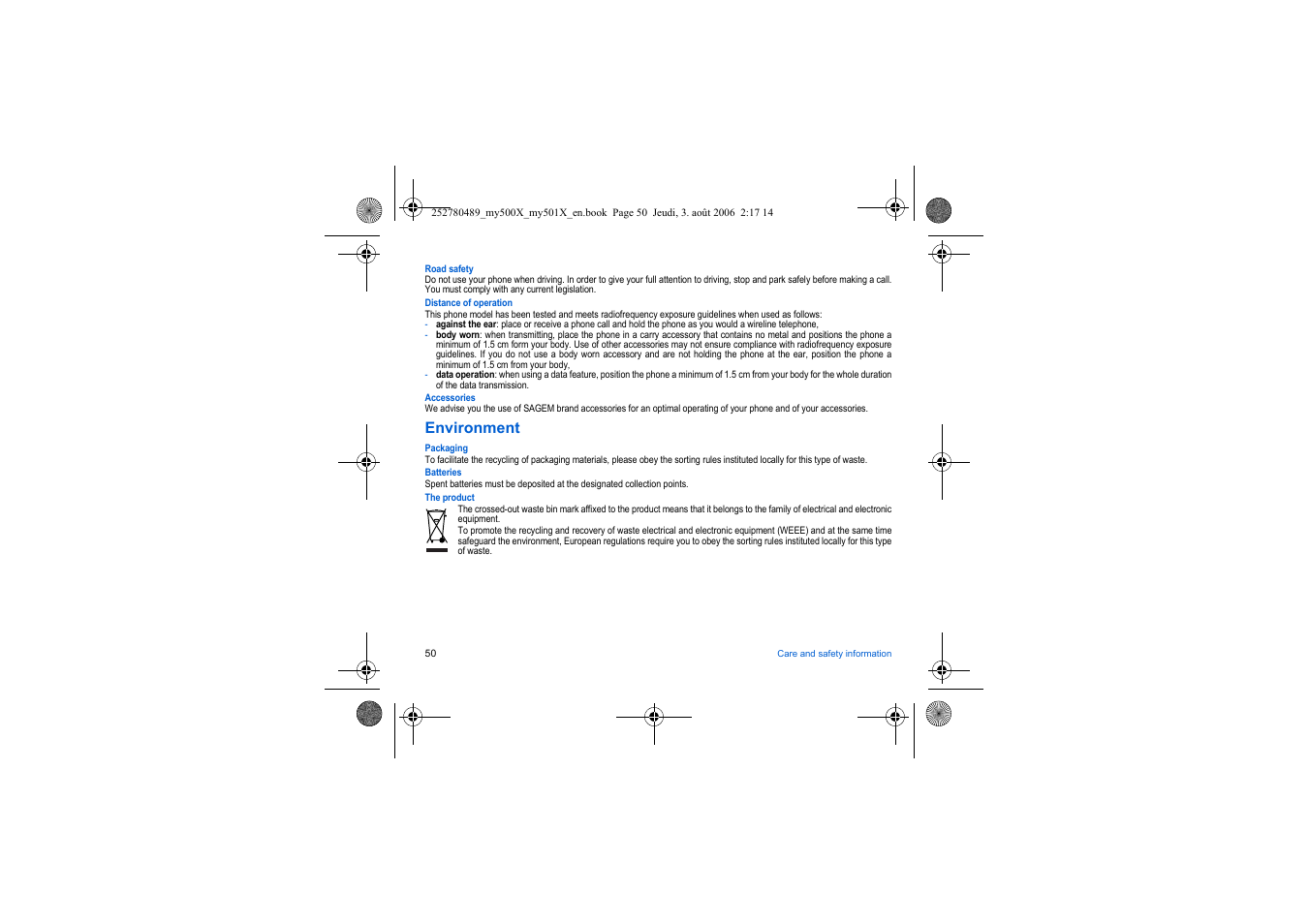 Environment | Sagem my500x User Manual | Page 50 / 66