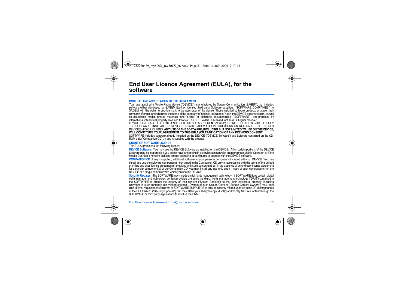 End user licence agreement (eula), for, The software | Sagem my500x User Manual | Page 51 / 66