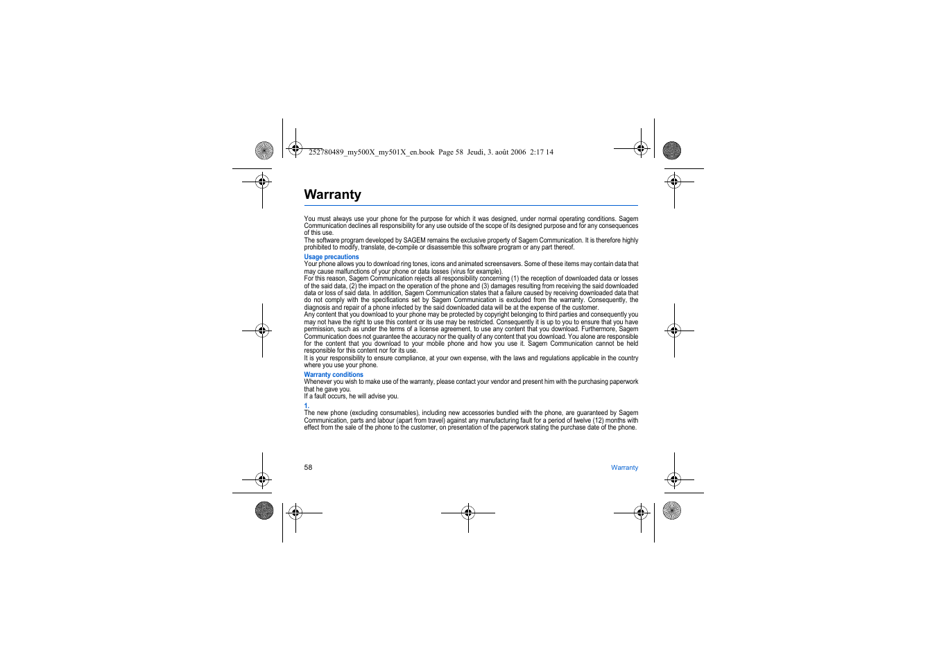 Warranty | Sagem my500x User Manual | Page 58 / 66