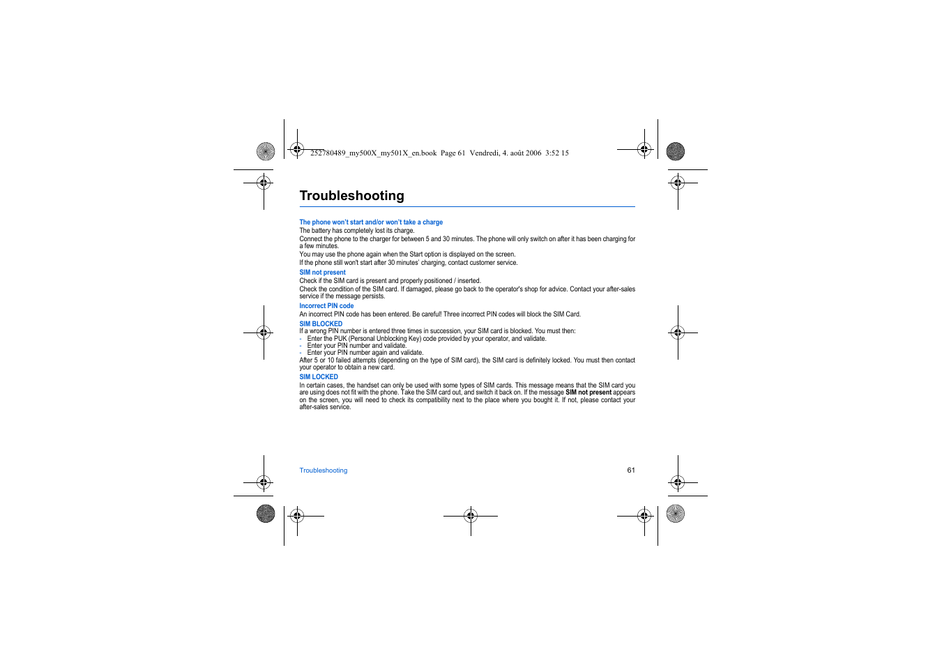 Troubleshooting | Sagem my500x User Manual | Page 61 / 66