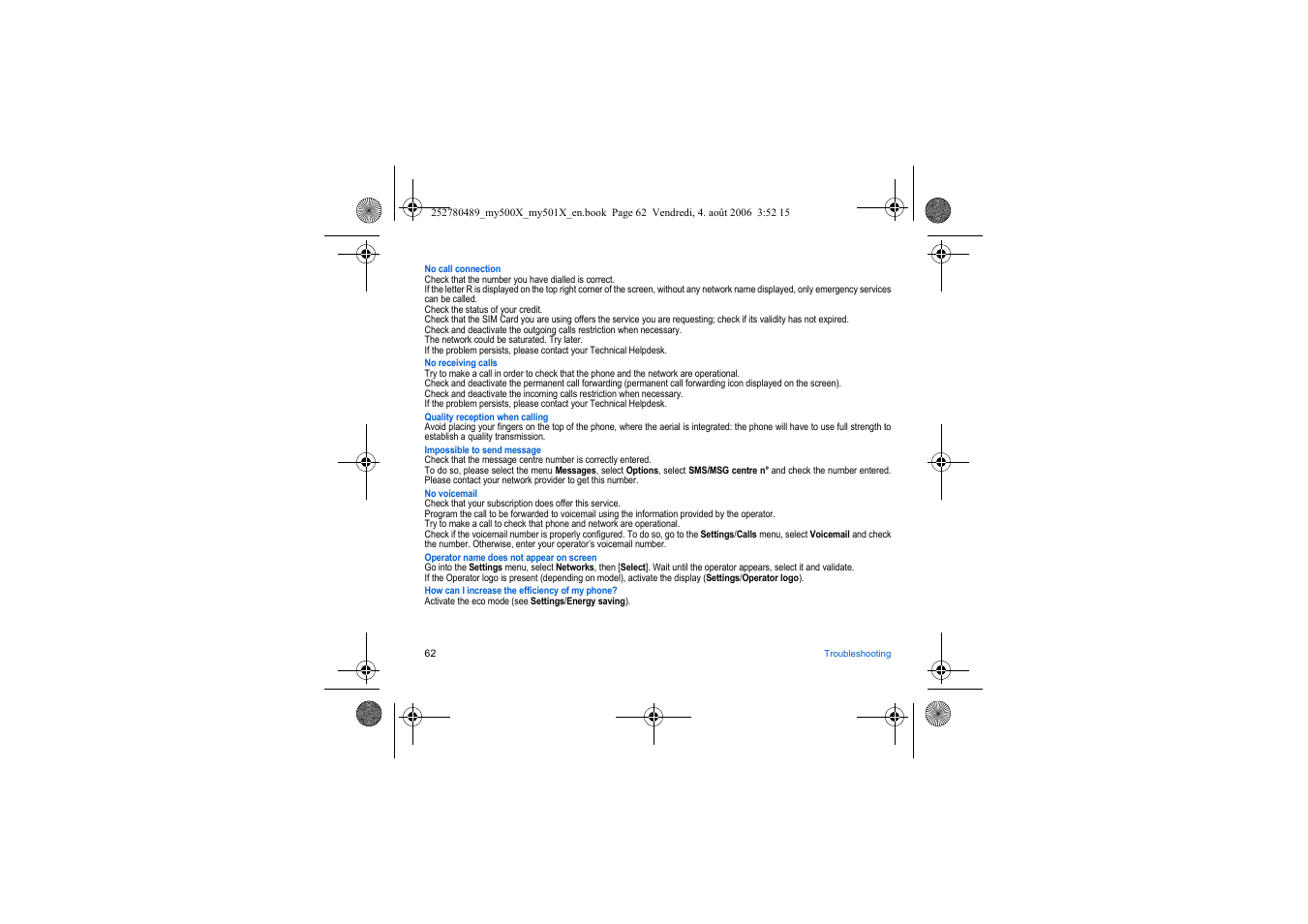 Sagem my500x User Manual | Page 62 / 66