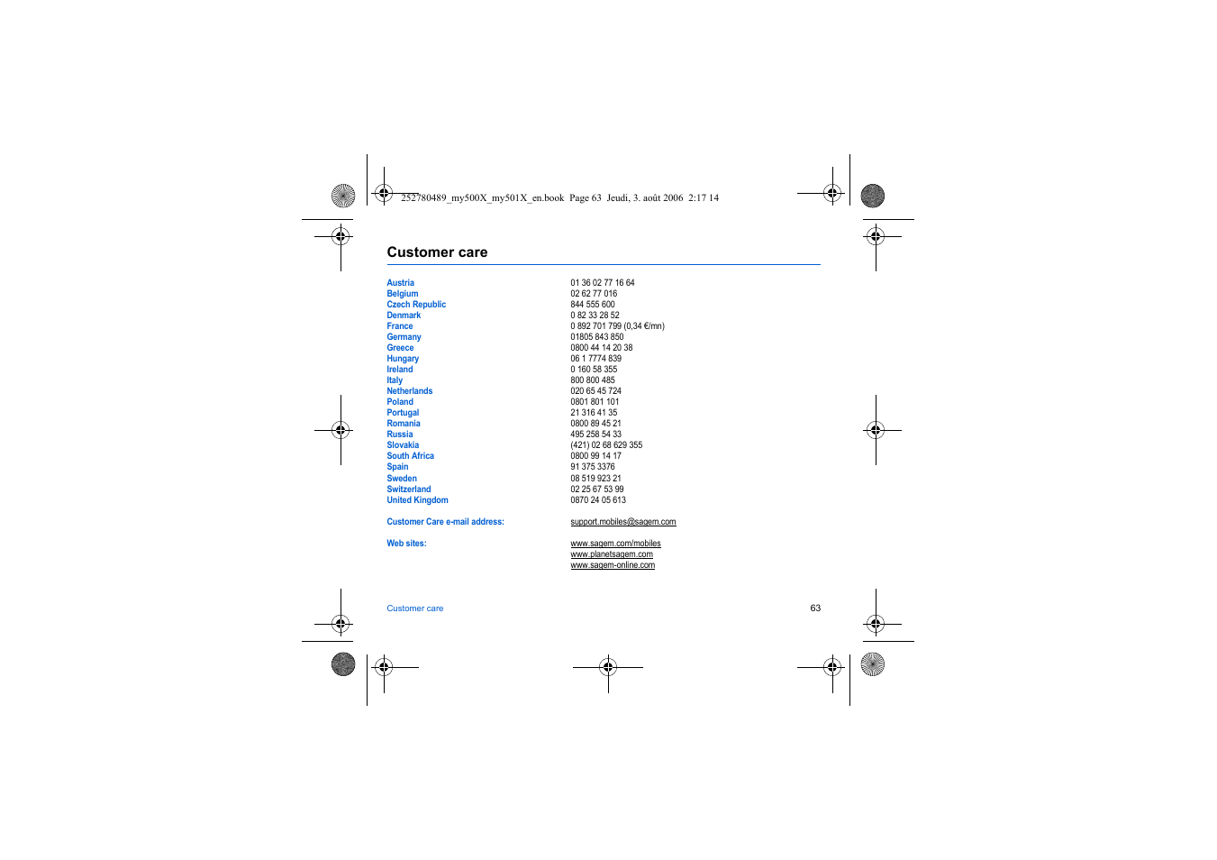 Customer care | Sagem my500x User Manual | Page 63 / 66