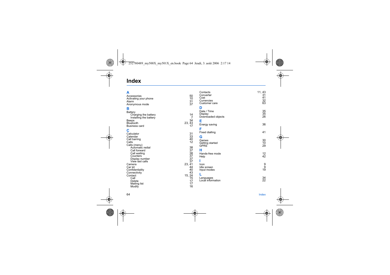 Index | Sagem my500x User Manual | Page 64 / 66